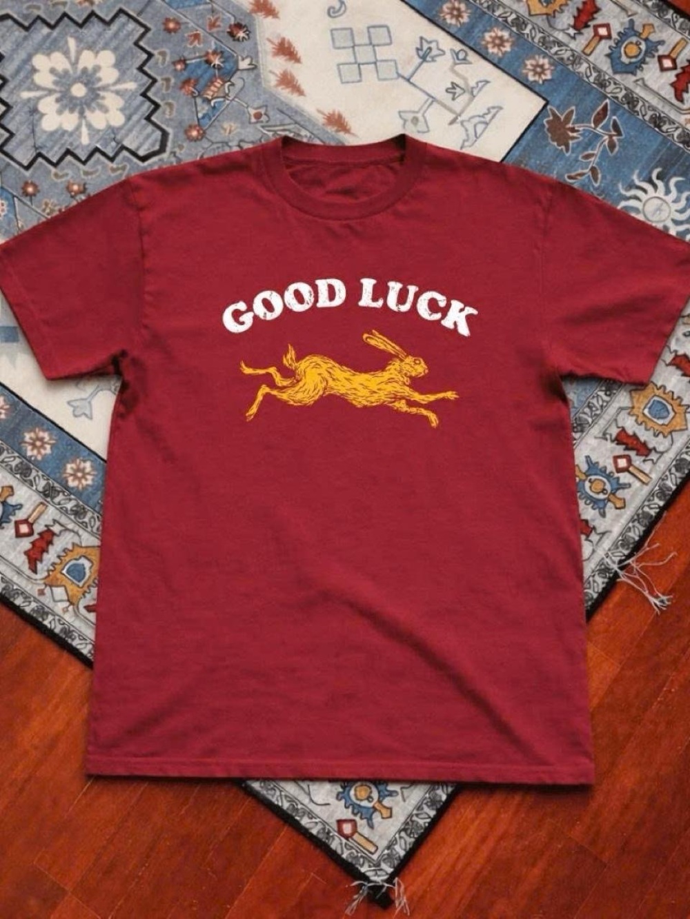 Gildan Maroon Short Sleeve Tee with White 'Good Luck' and Gold Hare